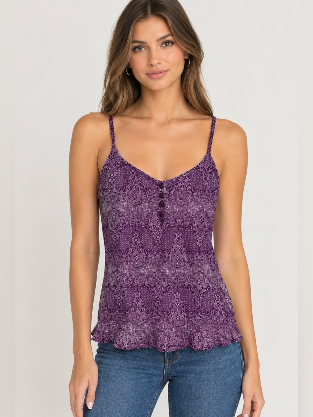 Rip Curl Purple Lace-Print Spaghetti Strap Camisole Purple S
